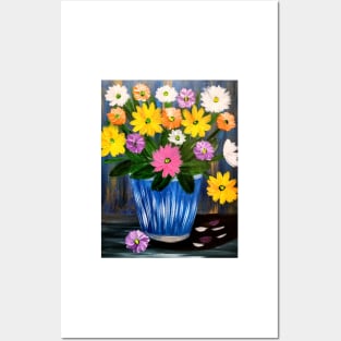 A beautiful bouquet flowers in a glass and gold vase . Using my favorite colors as vibrant background Using Acrylic and metallic paints. Posters and Art